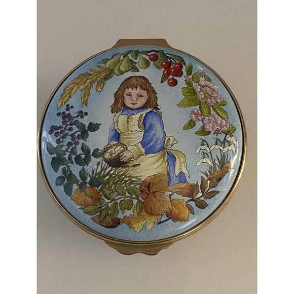 Marshall Enamels Four Seasons Pill Trinket Box Numbered Girl w Basket Happiness - Picture 1 of 16